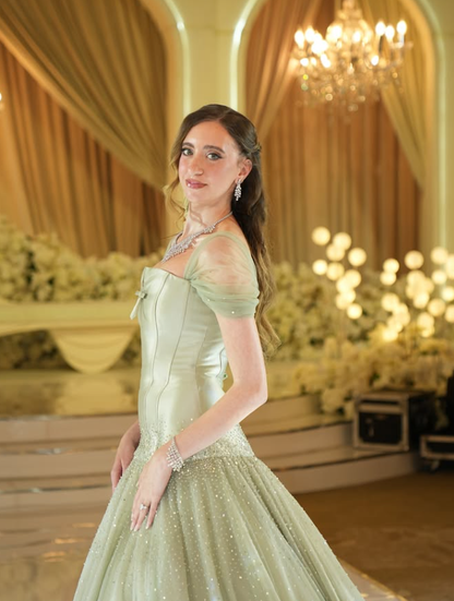 Sage Green Off the Shoulder Beaded Satin Tulle Prom Dress DP4919