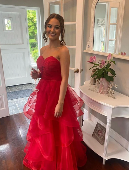 Charming Red A Line Sweetheart Neck Layered Organza Prom Dress Evening Dress DP6359