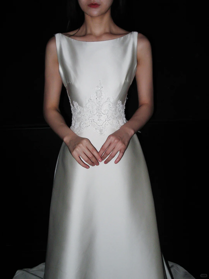 Backless Simple A Line White Beaded Lace Satin Long Wedding Dress DP5791