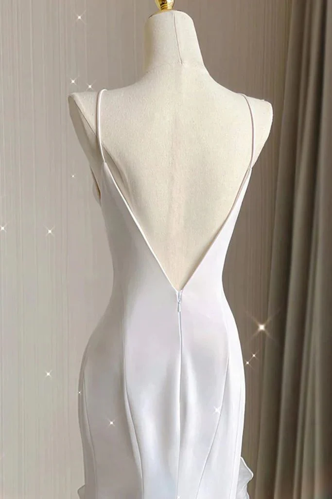White Mermaid Evening Dress With Ruffles Backless Prom Dress DP088