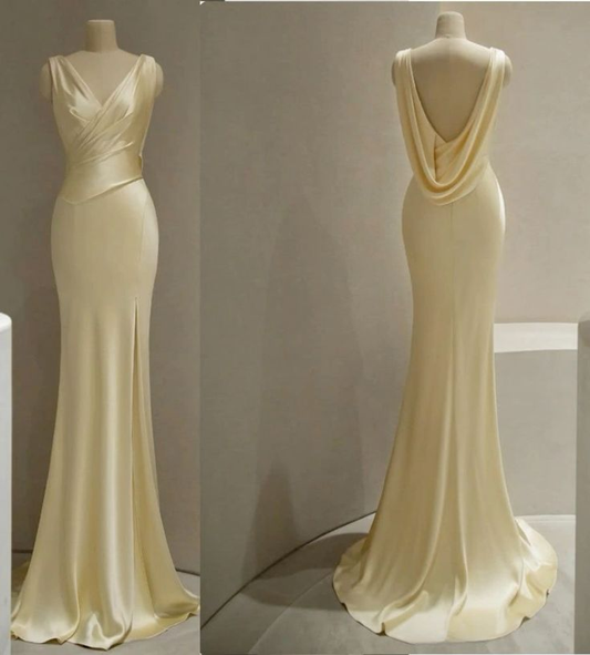 Pastel Yellow Satin Backless Mermaid Long Prom Dress DP143