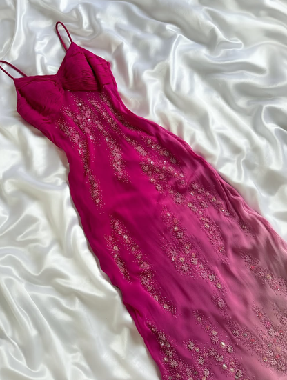 Vintage Elegant Pink Ombre A Line Straps Beaded Chiffon Prom Dress DP5074