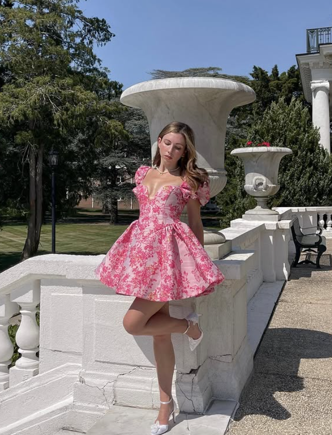 Pink A Line Puff Print Floral Satin Short Cute Homecoming Dress DP4442