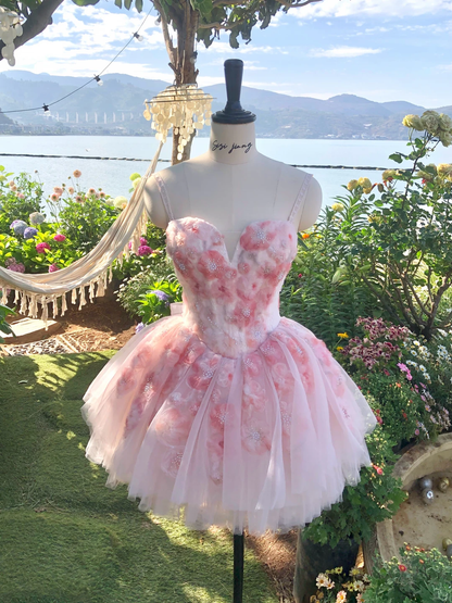 Pink Floral A Line Strapless Tulle Short Prom Dress Homecoming Dress DP5455