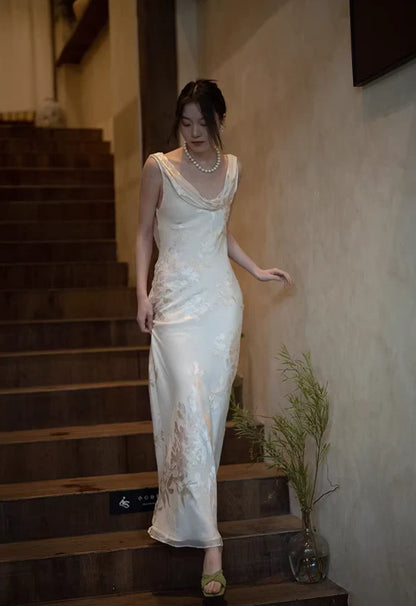Gentle Retro Mermaid Straps Print Floral Purple Satin Prom Dress Formal Dress DP3511