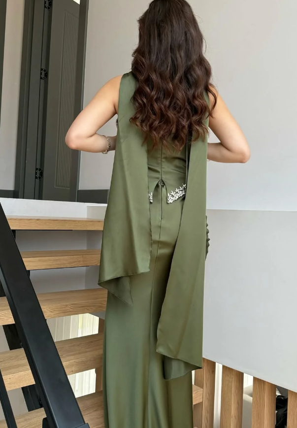 Olive Green Sheath Strapless Exquisite Beaded Satin Prom Dress Evening Dress DP5029
