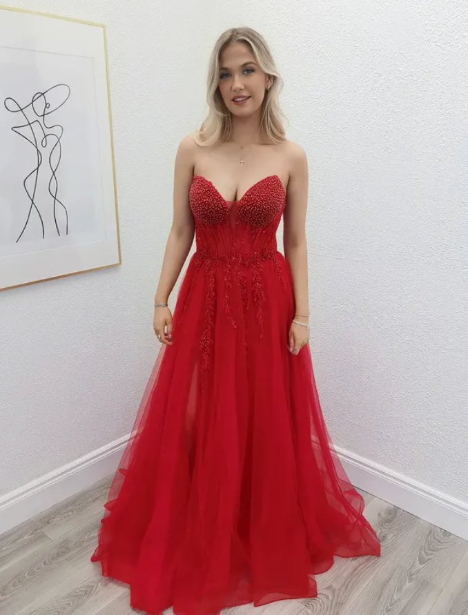 Charming Red A Line Sweetheart Neck Pearl Tulle Prom Dress Evening Dress DP6589