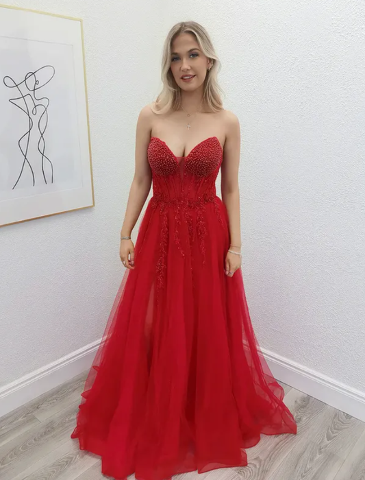 Charming Red A Line Sweetheart Neck Pearl Tulle Prom Dress Evening Dress DP6589