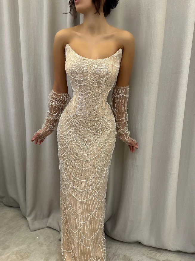 Luxurious Sheath Strapless Beaded Pearl Champagne Satin Prom Dress DP5732