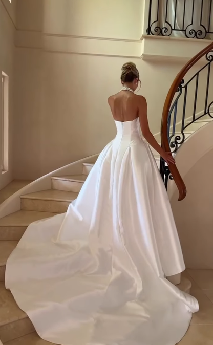 Stunning Ball Gown Strapless White Satin Long Wedding Dresses DP4350