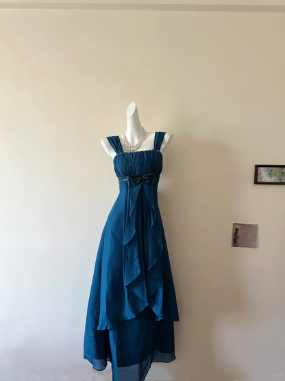 Vintage A Line Straps Beaded Peacock Blue Chiffon Prom Dress Outfits DP5014