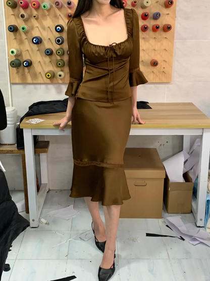 Two Piece Mermaid Long Sleeve Brown Satin Short Homecoming Dress Outfits DP4817