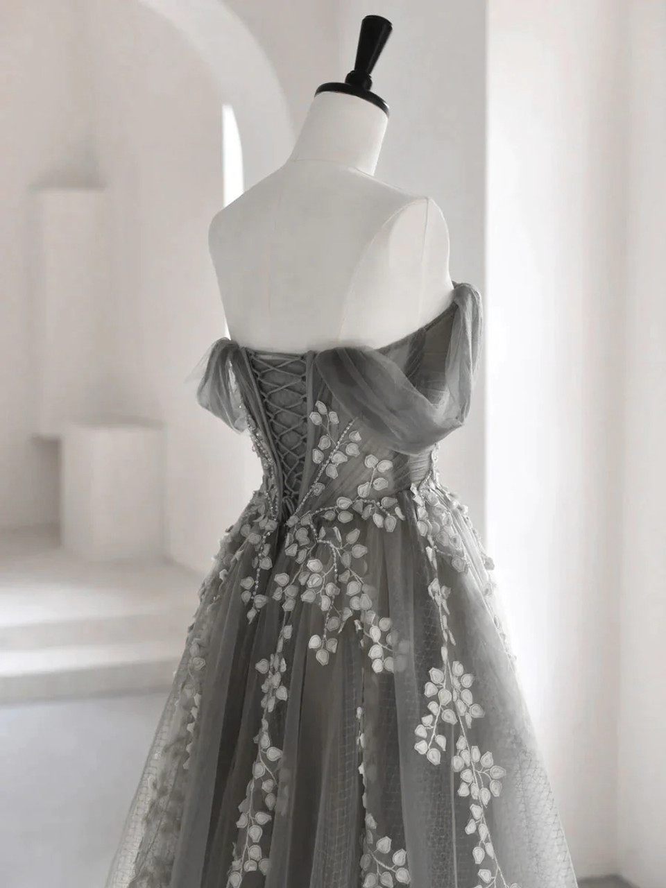 Gray Tulle Off the Shoulder Appliques Prom Dress DP271