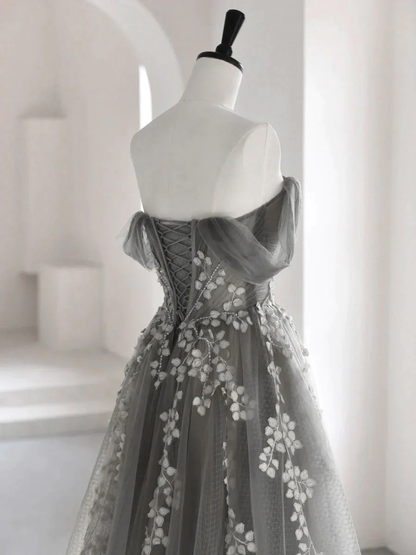 Gray Tulle Off the Shoulder Appliques Prom Dress DP271