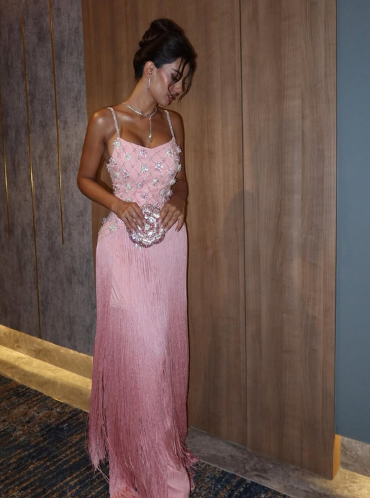 Gentle Pink Tassel  A Line Floral Beaded Satin Prom Dress Graduation Prom Dress DP5046