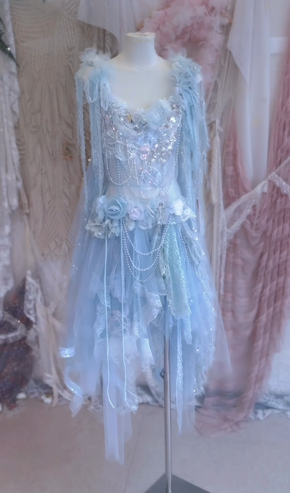 Baby Blue A Line Straps Floral Beaded Tulle Short Prom Dress 16th Birthday Dress DP3794