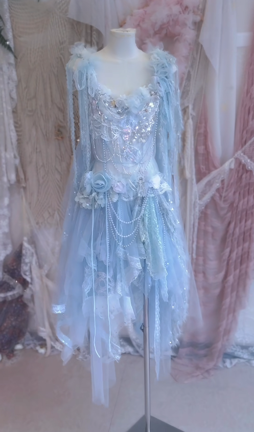 Baby Blue A Line Straps Floral Beaded Tulle Short Prom Dress 16th Birthday Dress DP3794