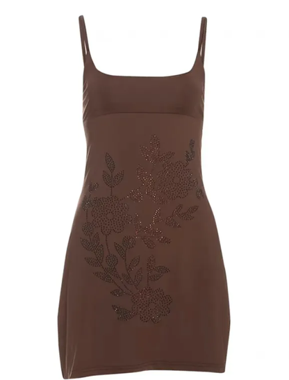 Cute Brown A Line Spaghetti Strap Rhinestone Satin Short Homecoming Outfits DP4258