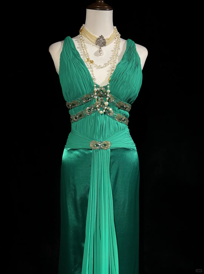 Vintage V Neck Beaded Hunter Green Satin Chiffon Long Prom Dress Party Dress DP2768