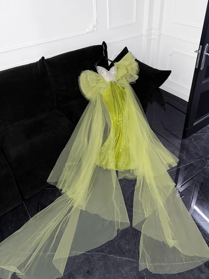 Gorgeous Mermaid Strapless Rhinestone Green Sequin Tulle Long Prom Dress Evening Dress DP2557