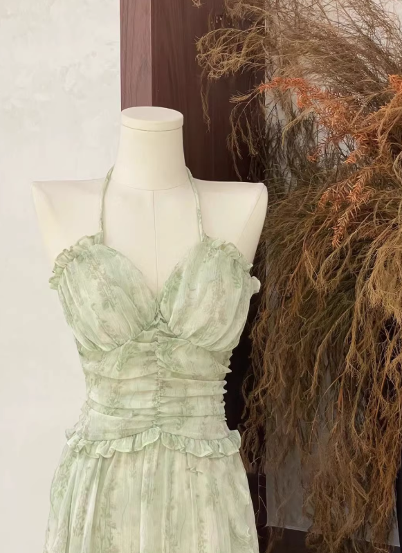 Light Green A Line Halter Print Floral Chiffon Prom Dress Outfits DP4711