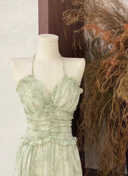 Light Green A Line Halter Print Floral Chiffon Prom Dress Outfits DP4711