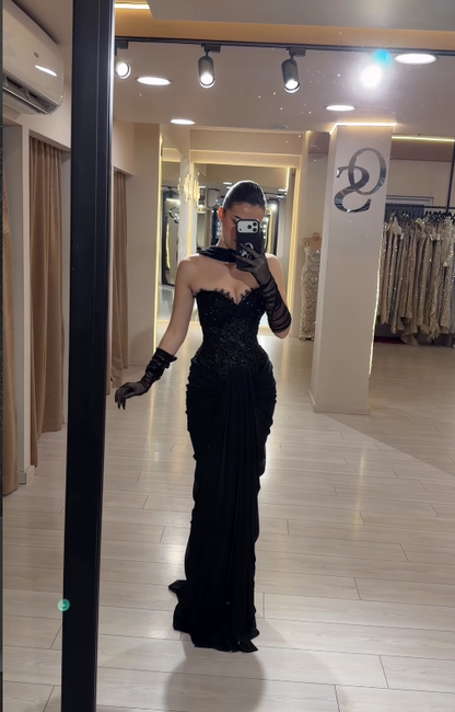 Sexy Black Sheath Sweetheart Neck Beaded Lace Satin Prom Dress Birthday Party Dress DP4913