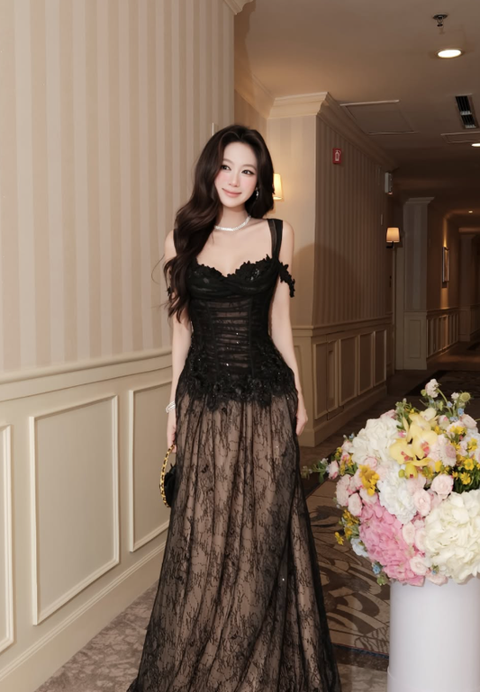 New Black A Line Spaghetti Strap Sequin Lace Tulle Prom Dress Evening Dress DP7951