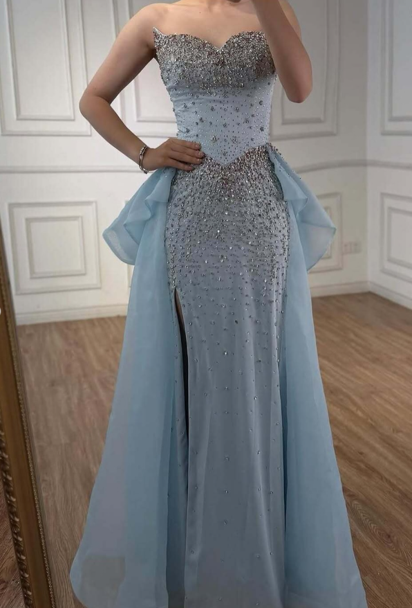 Baby Blue Sheath Sweetheart Neck Beaded Satin Tulle Long Prom Dress Evening Dress DP4334