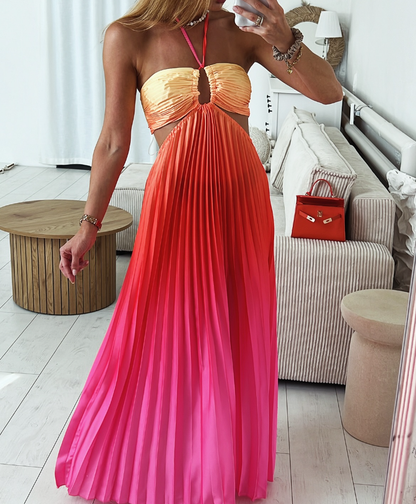 Blue Green Ombre A Line Strapless Pleated Satin Long Prom Dress Vacation Dress DP3940