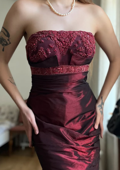 Vintage Burgundy Mermaid Strapless Beaded Satin Prom Dress Evening Dress Date Dress DP5702