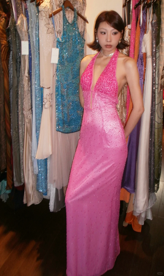 Gorgeous A Line Halter V Neck Beaded Pink Satin Party Dress Evening Dress DP2446