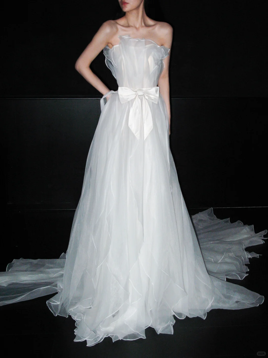 Gentle Flowy A Line Strapless White Tulle Long Wedding Dress DP6380