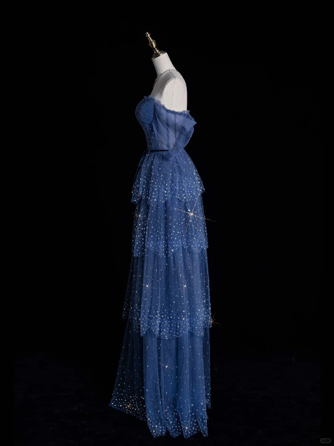 Blue A Line Off the Shoulder Rhinestone Tiered Tulle Long Prom Dress Evening Dress DP2181
