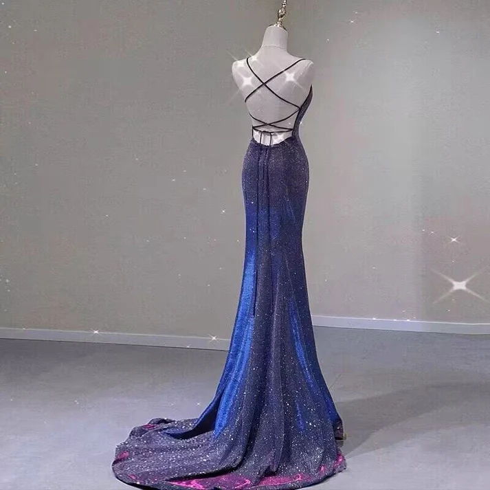 Sparkly Mermaid Long Prom Dress Backless Evening Gown DP245