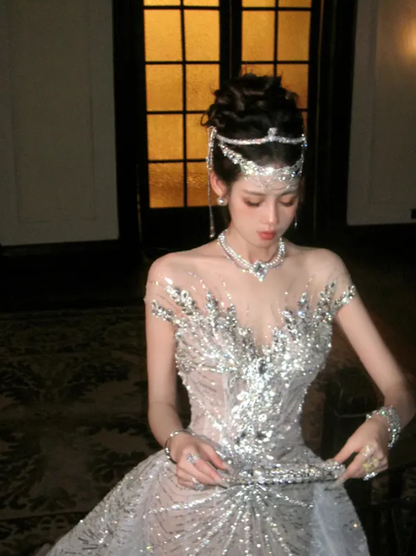 Charming Mermaid Sweetheart Neck Beaded Sequin White Tulle Long Sweep Prom Dress DP5036