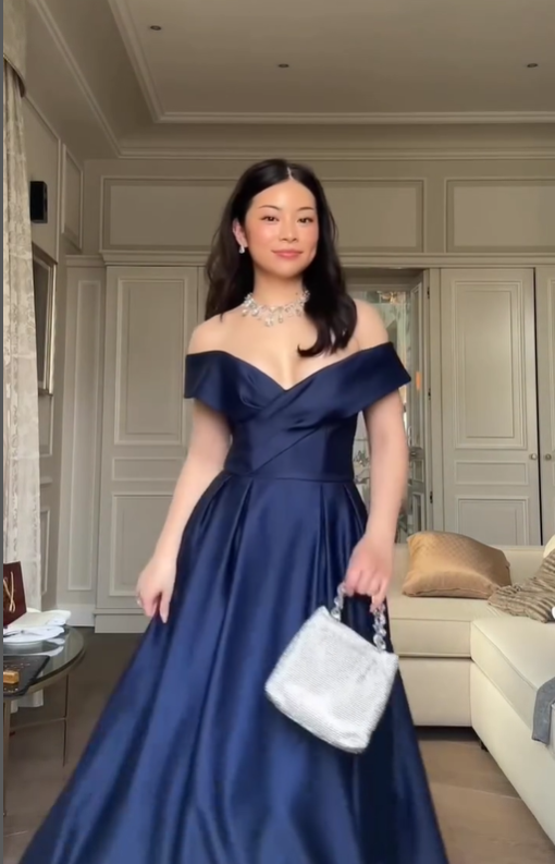 Elegant Navy Blue A Line Off the Shoulder Satin Long Prom Dress DP4368