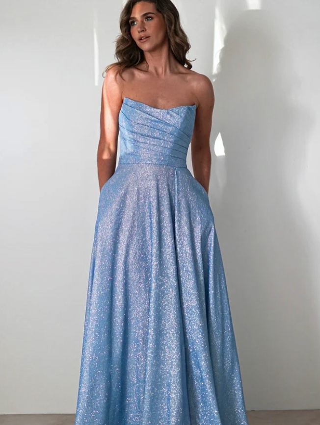 Shiny Blue Sequin A Line Strapless Long Prom Dress Evening Dress with Slit DP6597