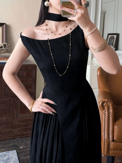 Classic Simple A Line Black Satin Long Prom Dress Evening Dress DP5647