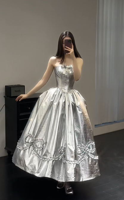 Unique A Line Strapless Bow Silver Satin Long Prom Dress Evening Dress DP4806