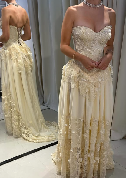 Yellow A Line Sweetheart Neck Lace Chiffon Prom Dress 16th Birthday Dress DP3713