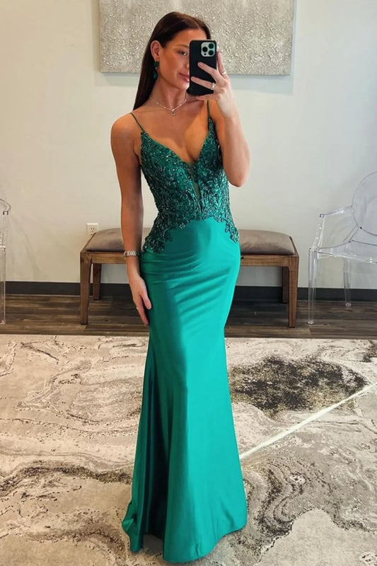 Green Mermaid Spaghetti Strap Lace Satin Long Prom Dress DP7747