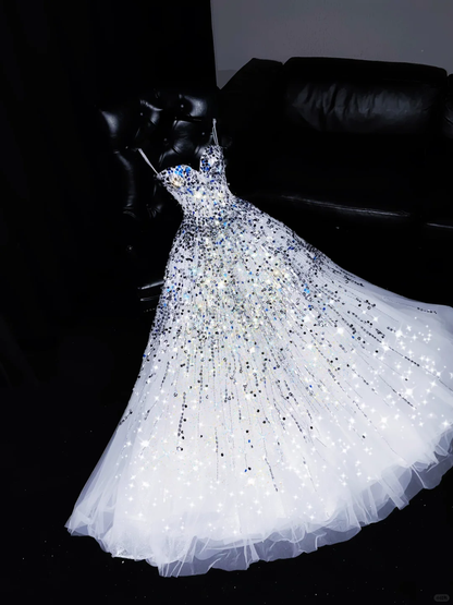 Shiny A Line Sweetheart Neck Sequin White Tulle Long Prom Dress Evening Dress DP1956