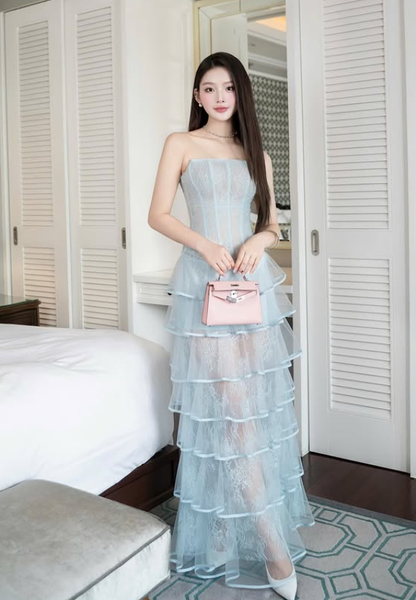 Elegant A Line Strapless Layered Blue Lace Prom Dress Evening Dress DP5917