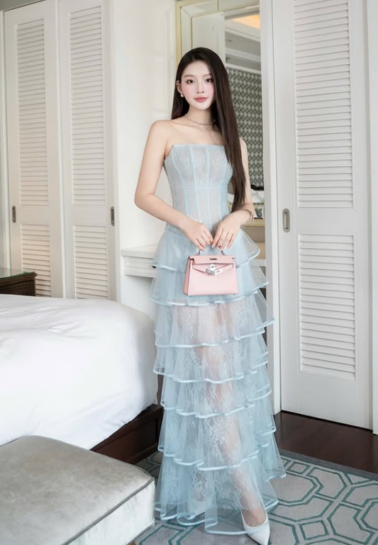 Elegant A Line Strapless Layered Blue Lace Prom Dress Evening Dress DP5917