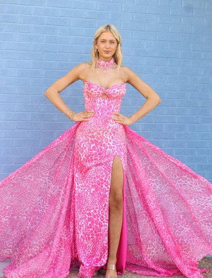 Pink Leopard Print A Line Strapless Chiffon Slit Prom Dress Party Evening Dress DP6301