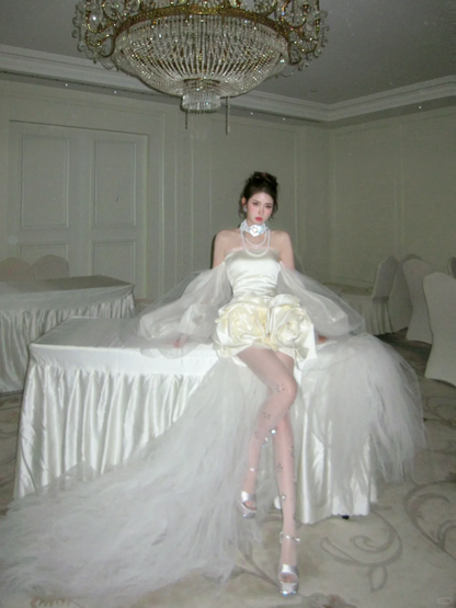 Cute A Line Strapless Ivory Flower Satin Tulle Short Homecoming Dress Cocktail Dress DP2449