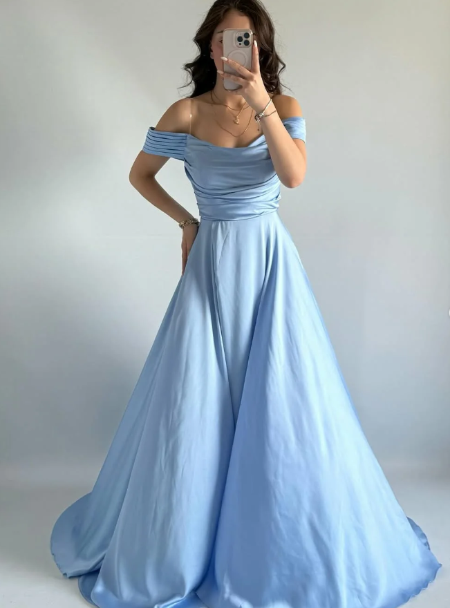 Simple Baby Blue A Line Off the Shoulder Satin Slit Prom Dress Evening Dress DP5260