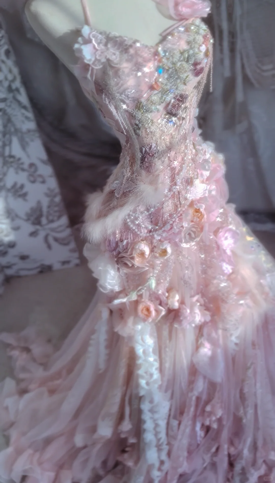 Pink Mermaid Halter Floral Beaded Tulle Long Prom Dress 16th Birthday Dress DP3796