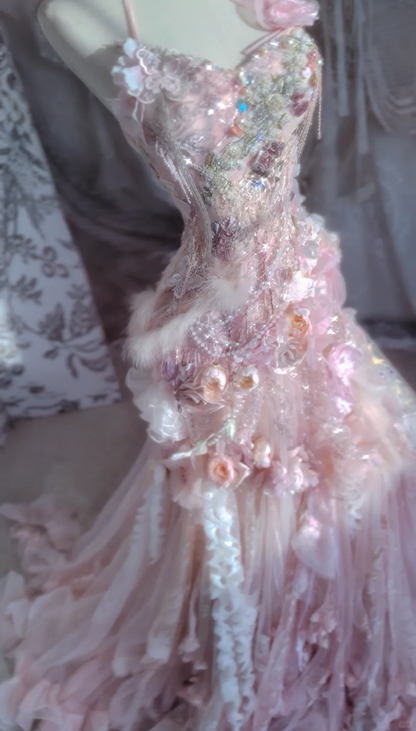 Pink Mermaid Halter Floral Beaded Tulle Long Prom Dress 16th Birthday Dress DP3796